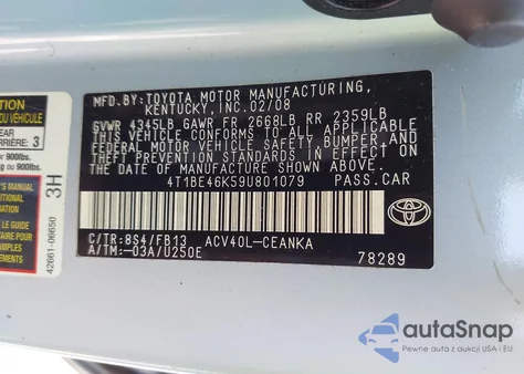 2009 Toyota Camry Le from USA, damaged, VIN 4T1BE46K59U801079